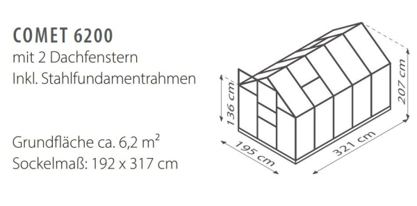 SET Vitavia Gewächshaus Comet 6200 4mm HKP 195x321cm smaragd + Fundamentsrahmen