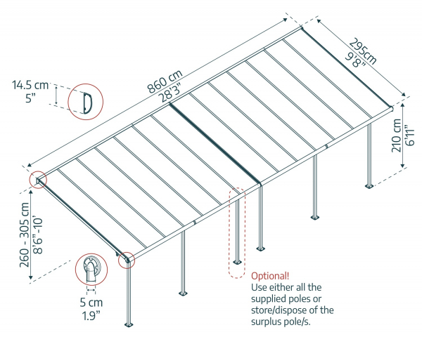 Palram-Canopia Terrassenüberdachung SIERRA 3x8.50 (299x860cm) grau 6mm HKP klar