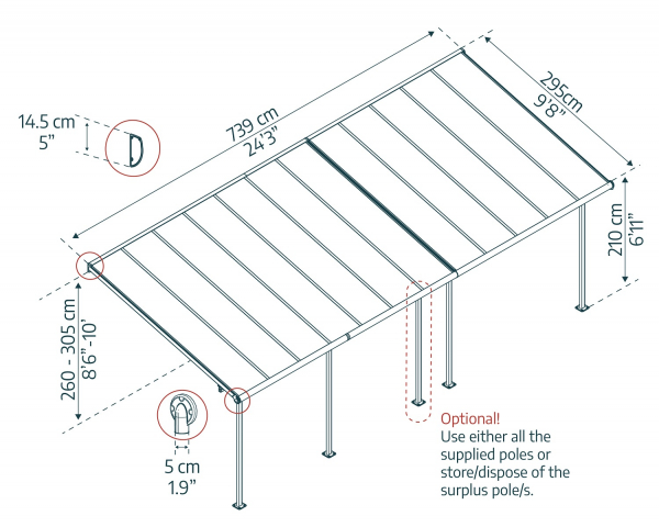 Palram-Canopia Terrassenüberdachung SIERRA 3x7.30 (299x739cm) grau 6mm HKP klar