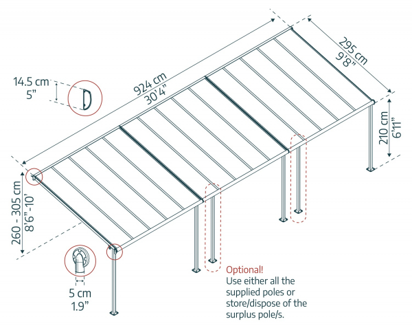 Palram-Canopia Terrassenüberdachung SIERRA 3x9.15 (299x924cm) grau 6mm HKP klar