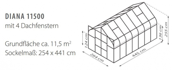 SET Vitavia Gewächshaus Diana 11500 ESG BxT 264x445cm eloxiert + Fundamentsrahmen