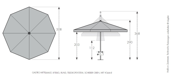 Doppler Gastro Marktschirm TELESTAR / BRAUMEISTER 500cm Teleskop Mast 65mm mit Volant und Windschot