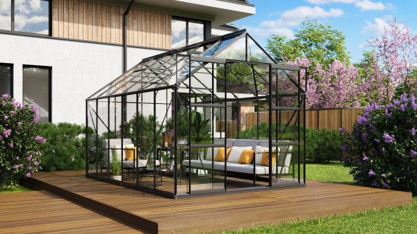 SPARSET Vitavia Gewächshaus Uranus 9900 ESG Glas 257x383 schwarz + Fundamentsrahmen