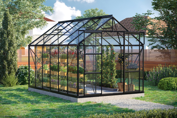 SPARSET Vitavia Gewächshaus Uranus 9900 ESG Glas 257x383 schwarz + Fundamentsrahmen