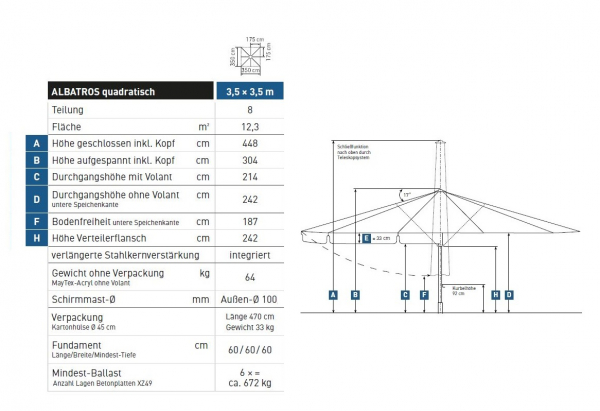 May Marktschirm ALBATROS 3,5x3,5m quadratisch 8-Teiler EXTREM STABIL Teleskop Tex-Poly