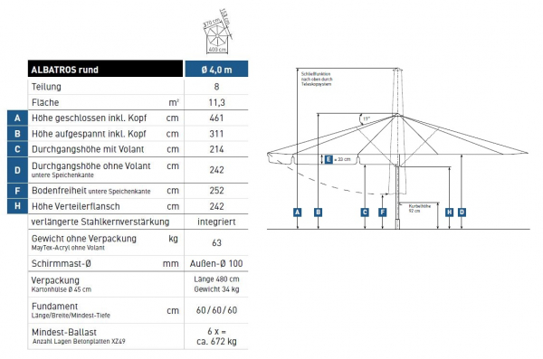 May Marktschirm ALBATROS 4m rund 8-Teiler EXTREM STABIL Teleskop Tex-Poly