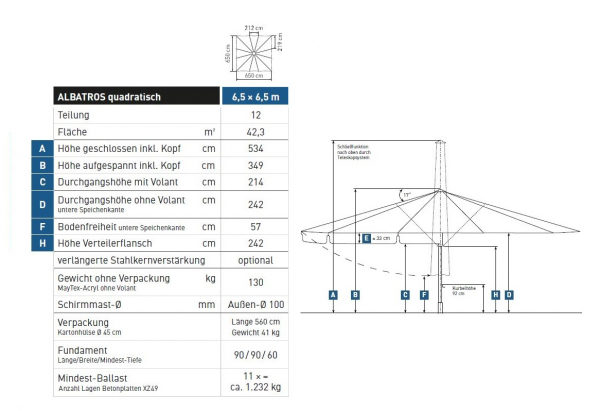 May Marktschirm ALBATROS 6,5x6,5m quadratisch 12-Teiler EXTREM STABIL Teleskop Tex-Poly