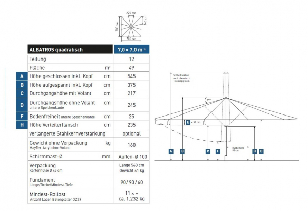 May Marktschirm ALBATROS 7x7m quadratisch 12-Teiler EXTREM STABIL Teleskop Tex-Poly