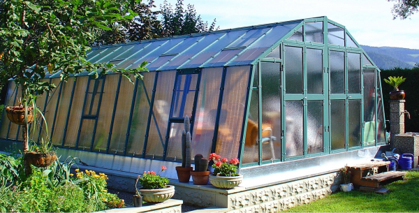 Vario Stahl Gewächshaus Maxi 4,5 Nörpelglas 4mm BxL 426x452cm 19m² grün