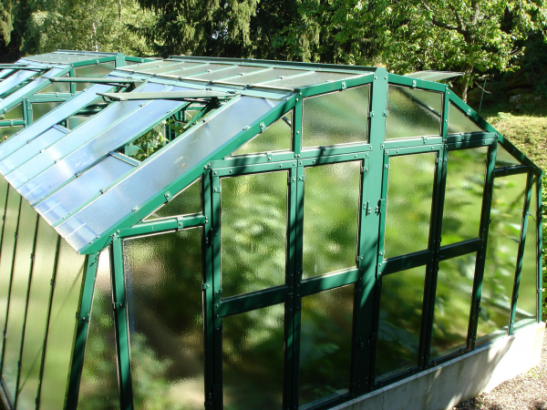 Vario Stahl Gewächshaus Maxi 4,5 Nörpelglas 4mm BxL 426x452cm 19m² grün