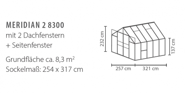 SET Vitavia Gewächshaus Meridian 2 8300 BxT 257x321 6mm HKP eloxiert + Fundament