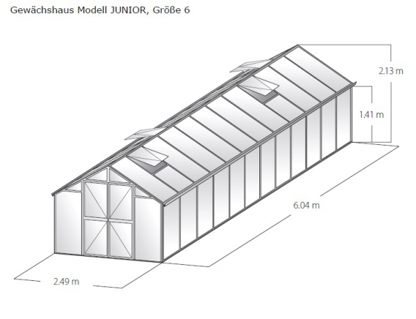 Vario Stahl Gewächshaus Junior 6 Nörpelglas 4mm BxL 249x604cm 15m² verzinkt