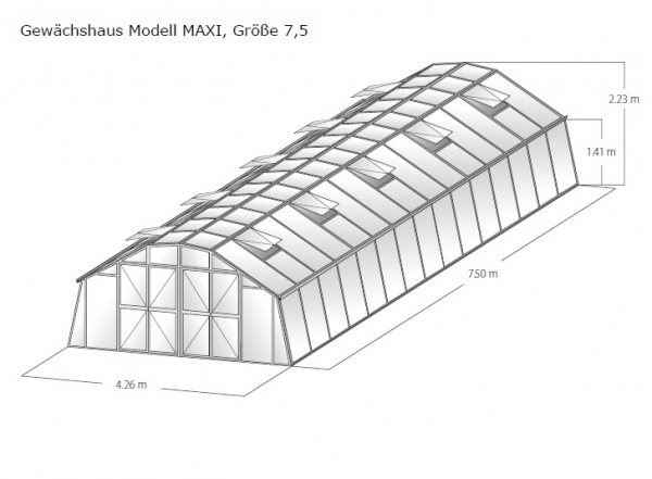 Vario Stahl Gewächshaus Maxi 7,5 Nörpelglas BxL:426x750cm 32m² pulverbeschichtet