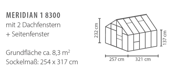 AKTION Vitavia Gewächshaus Meridian 1 8300 257x321 6mm HKP Alu eloxiert + 2 Dachlüfter